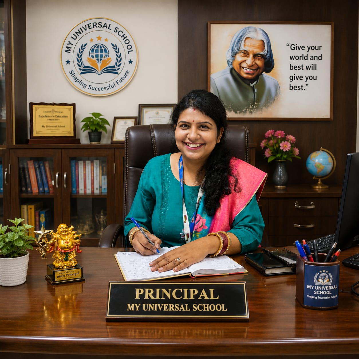 Principal of My Universal School at her desk