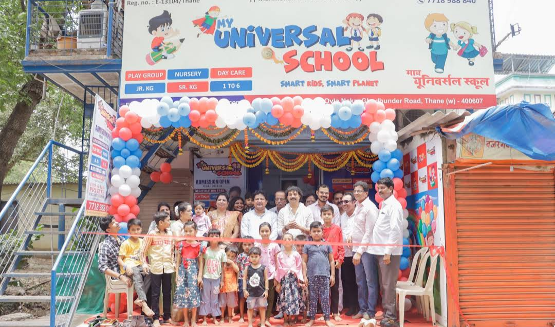 My Universal School campus building in Thane West with admission day celebrations